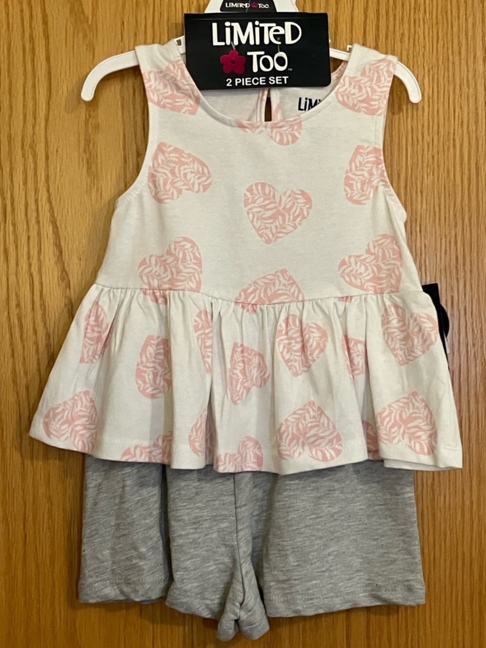 Limited Too White Top with Pink Heart Print and Gray Shorts
